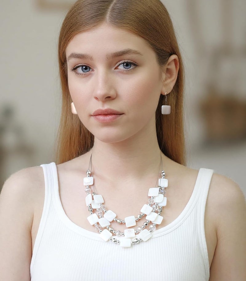 Errally Store Layered Beaded Statement Necklaces for Women Square Shell Bead Collar Necklace and Earring Set Birthday Gifts Boho Jewelry Sets for Women - Image 4